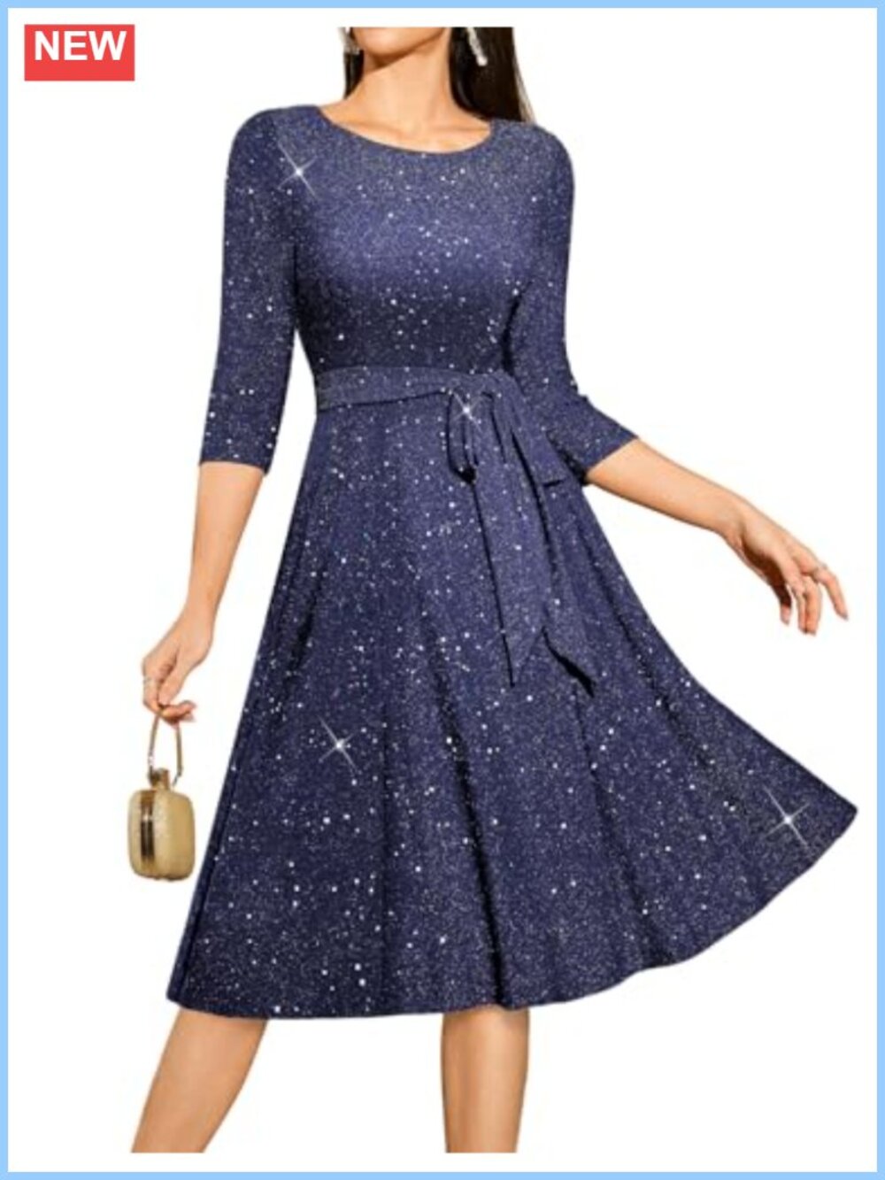 Sequin Cocktail Dress 3/4 Sleeve Fit & Flare Wedding Guest Formal Midi
